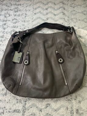 Etienne Aigner Large Leather Hobo Shoulder Bag Gray Taupe Purse
